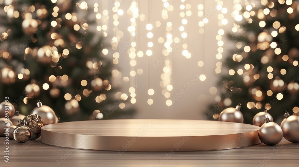 Poster Festive Background and Display Podium for Product Promotion on Wooden Tabletop 3D Rendering