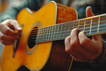 Fototapeta premium The soft strumming of a guitar, playing a slow and melodic tune. Concept of music therapy and emotional calm.