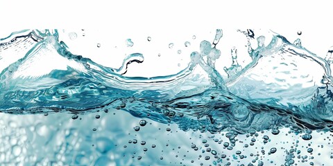 water splash. aqua flowing in waves and creating bubbles. drops on the water surface feel fresh and clean on white background