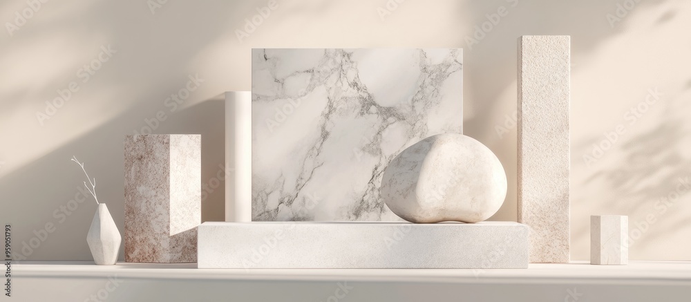 Poster Marble texture geometric shapes collection on a blank podium shelf in 3D rendering