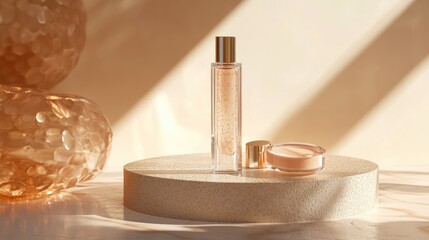 Aesthetic scene featuring geometric glass on a luxurious platform ideal for showcasing skin care foundation products