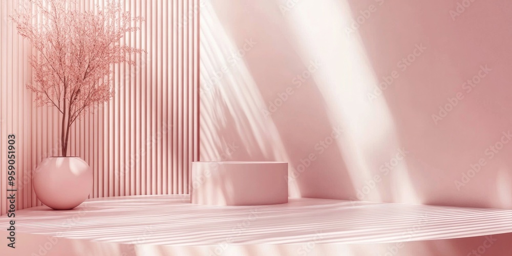 Poster minimalist design in 3d with a pink color palette featuring a podium mockup for presentation against