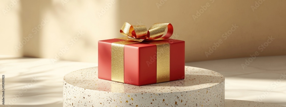 Aufkleber Minimalist product display for festive occasions featuring a red gift box adorned with a golden ribbon on a terrazzo podium 3D render illustration Clipping path for each element included
