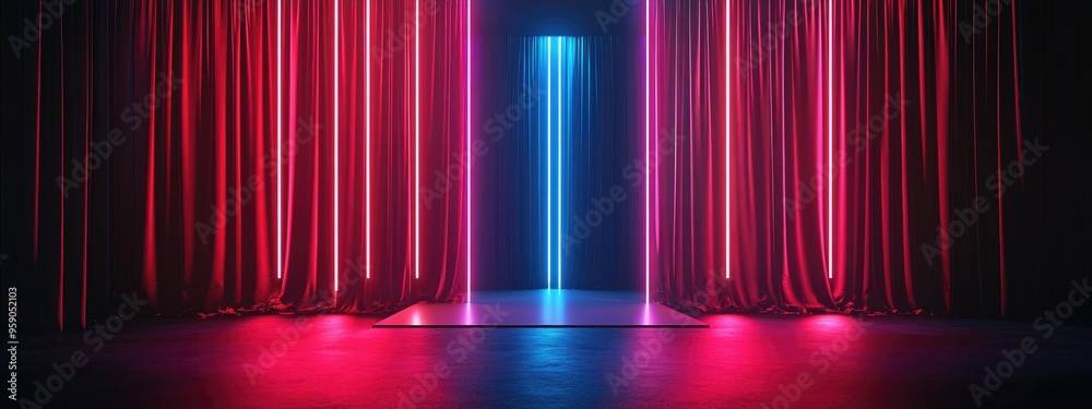 Poster Stage with red draped curtains 3D Visualization