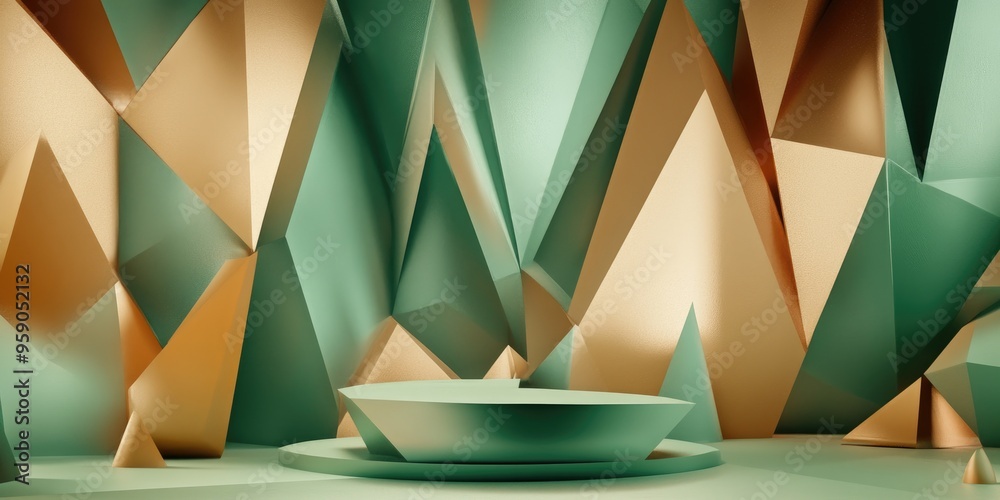 Aufkleber Abstract background in green and brown tones featuring triangular shapes and a pedestal in a 3D rendered illustration