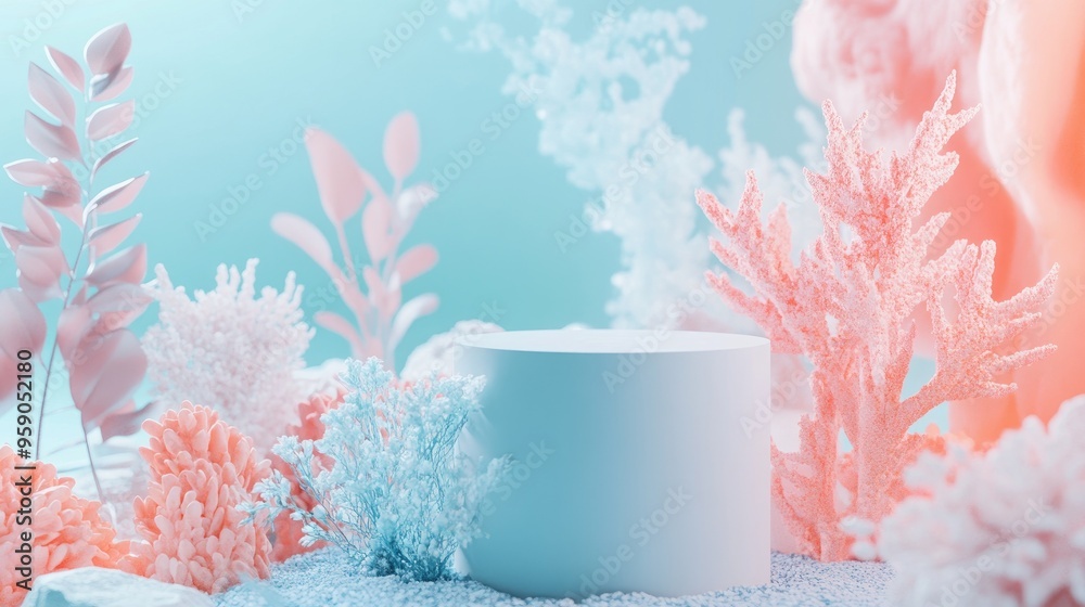 Poster Winner s podium with natural beauty elements minimalistic cube and an abstract background Scene featuring pastel blue and coral colors Stylish 3D render suitable for social media banners promotions