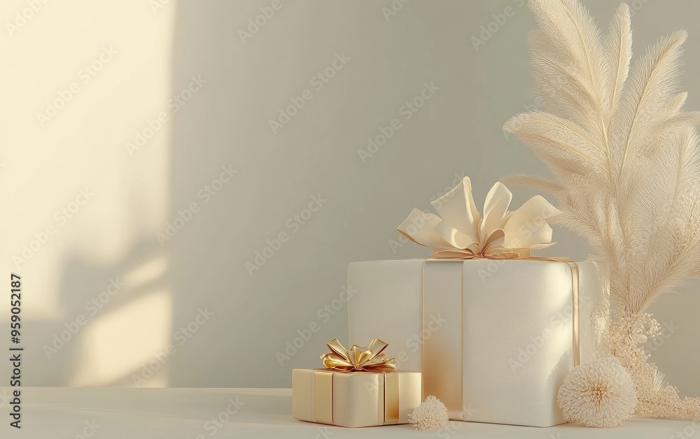 Poster surprise gift box with a luxurious creamy hue on a soft gray backdrop adorned with a pure gold bar f