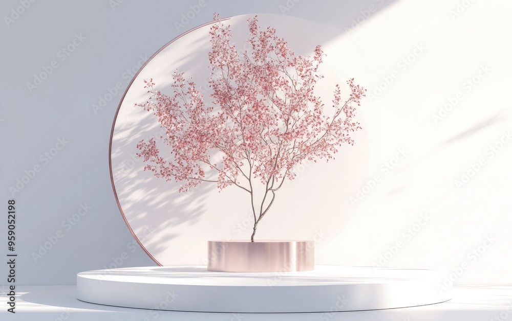 Fototapete Minimalist white and rose gold podium stage backdrop featuring a tree on a white background suitable for product display or various design applications rendered in 3D illustration style with a sum