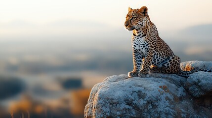  leopard sits proudly atop a rock, surveying the vast landscape beneath it, embodying quiet confidence and the spirit of the wild.