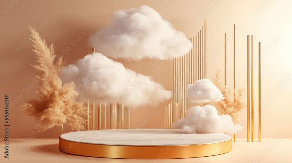 Poster Light beige and pastel orange 3D rendering of a product display podium featuring abstract clouds and golden lines set against a luxurious minimalist background with a cylindrical platform