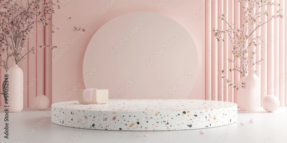 Aufkleber Minimalistic mockup scene featuring a pastel colored podium with terrazzo geometric shapes designed for product presentation 3D rendering