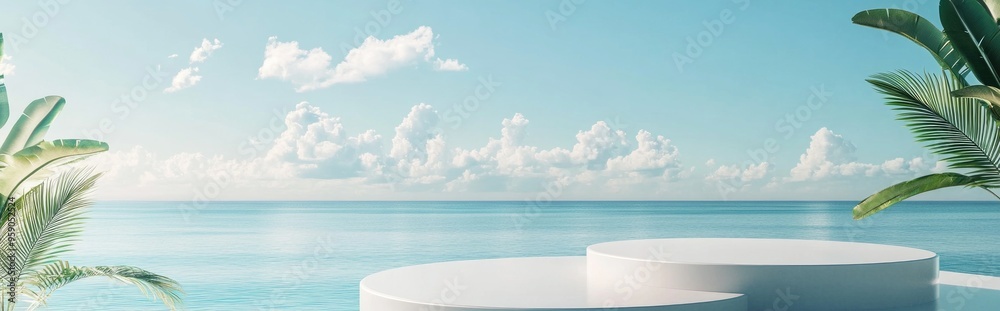 Poster summer themed product display podium set against a blue backdrop of sea and sky 3d rendering