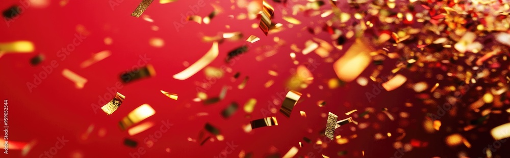 Poster Abstract golden confetti on a red background in 3D rendering