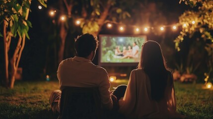 Couple enjoying an outdoor movie night under string lights in a garden during a warm evening