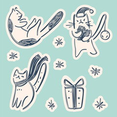 Illustration of funny cartoon kittens. Vector set. Monochrome drawing.