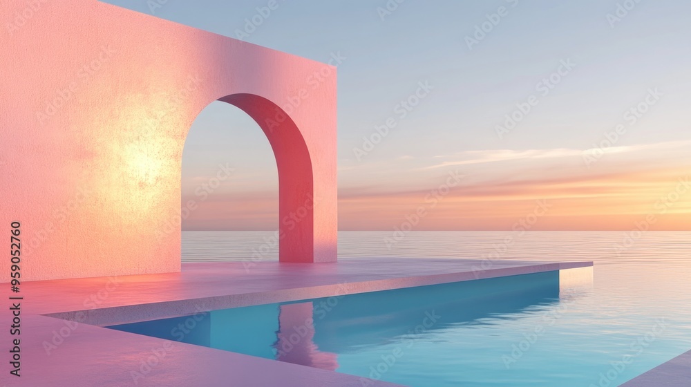 Poster abstract composition featuring geometric shapes an arch and a swimming pool illuminated by natural d