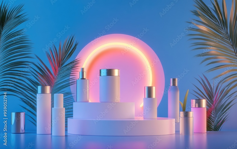 Poster Minimalist modern product showcase on a gradient background Conceptual scene for new product presentation promotional sale or cosmetics display Low angle perspective below eye level upward view he
