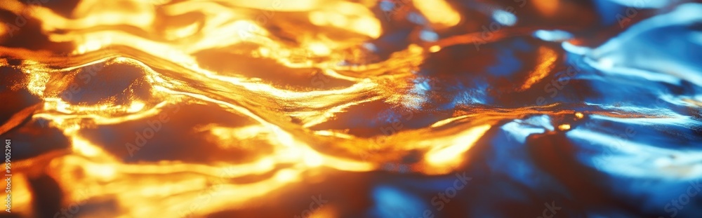 Poster Gold foil backdrop featuring light reflections Textured golden surface 3D rendering Luxurious shiny gold texture with metallic gradients