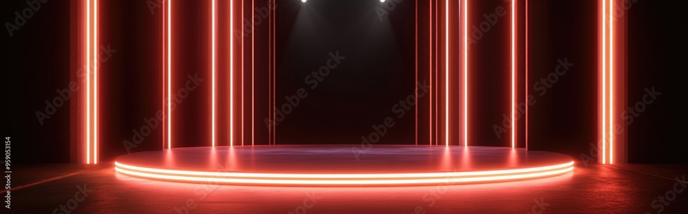Aufkleber empty stage illuminated by neon lines in a dark environment 3d rendering digital illustration