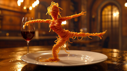 Obraz premium A creative sculpture of a ballerina made from spaghetti, balancing gracefully on a plate, with a glass of red wine in the background in a warmly lit dining setting