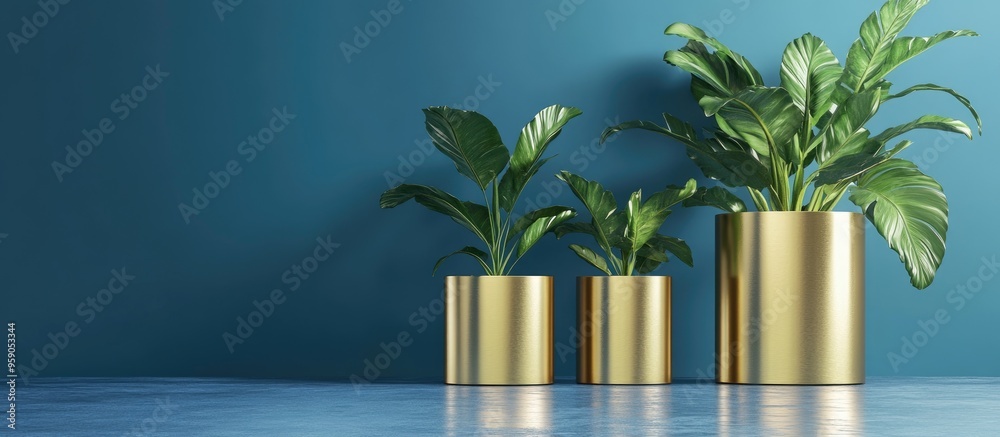 Aufkleber Elegant gold cylinder product display in a blue environment with greenery studio setup featuring minimalistic design 3D rendering