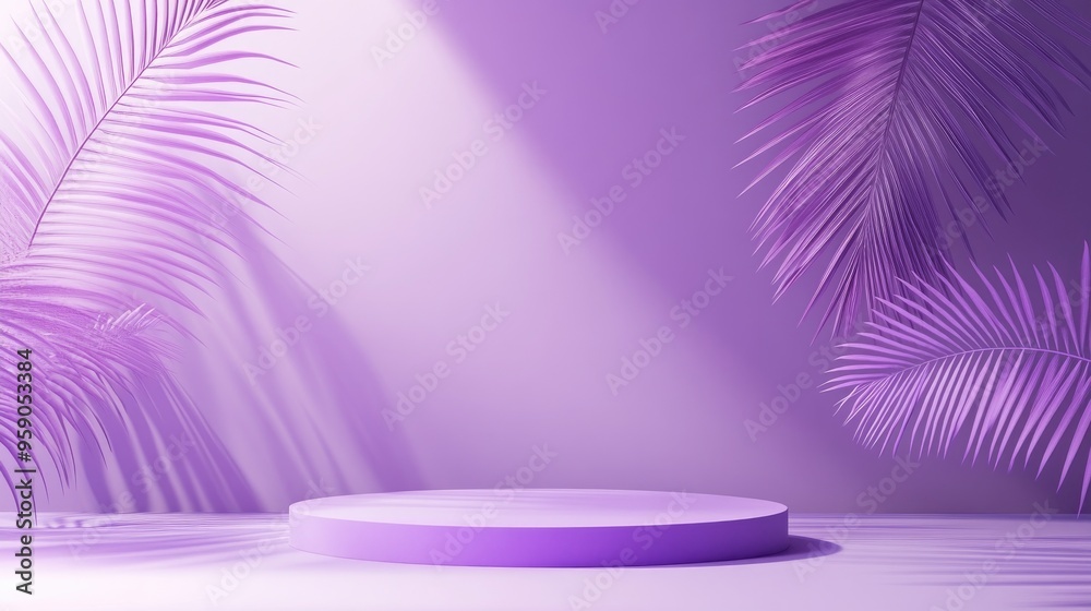 Poster Bright purple and violet minimalistic 3D rendered background featuring a simple top view flat lay product display with a single podium stand and palm leaf shadow ideal for showcasing nature product