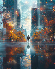 Fototapeta premium city in the night. Reflection of a lone figure in a futuristic urban environment, glass, cityscape, man, digital, networks, internet, artificial intelligence, solitude, human, city, urban reflection, 