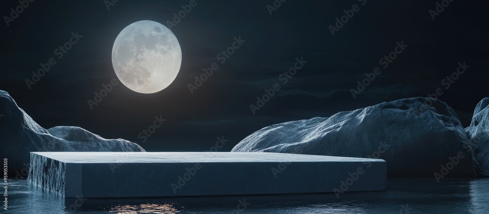 Poster Abstract background for cosmetic product and package presentation featuring a stone podium display under a full moon night 3D rendering