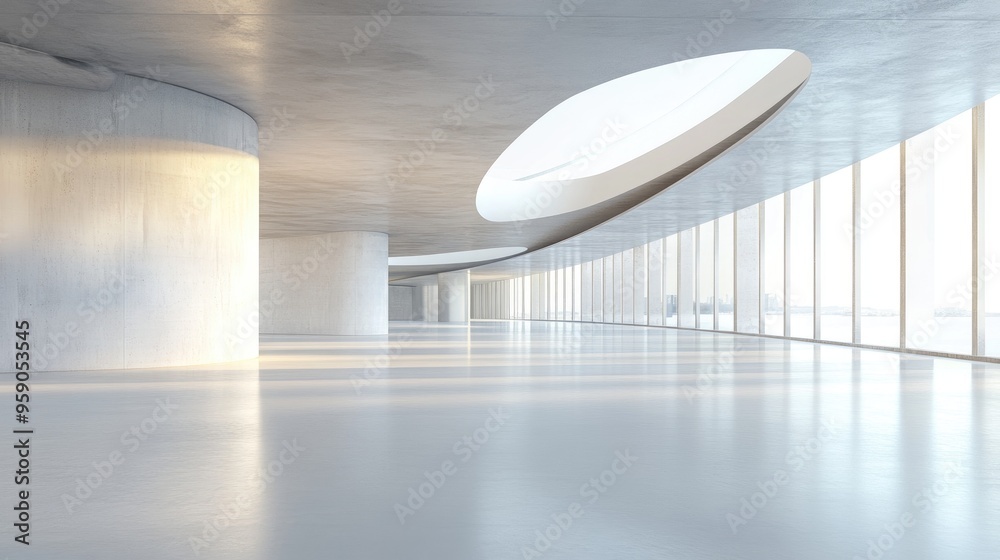 Aufkleber Abstract design of modern architecture featuring an empty interior with open space 3D rendering