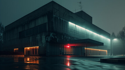 An eerie, abandoned building with neon lights glowing on a foggy night, casting reflections on the wet pavement