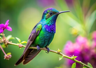 Obraz premium Vibrant purple hummingbird with iridescent feathers perched on a delicate flower branch against a soft, blurred green background, perfect for a tropical phone wallpaper.