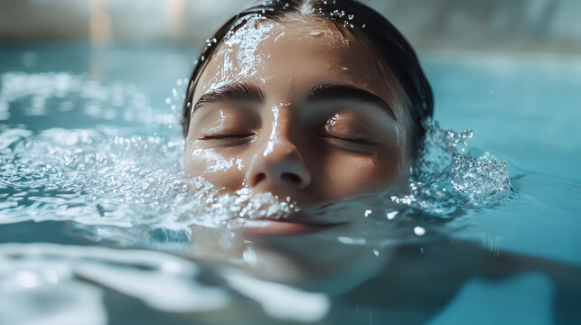 a woman emerging from underwater in a cold plunge pool at a beautiful wellness studio 