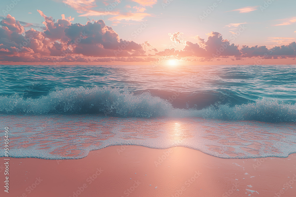 Poster gentle waves lapping against a sandy shore under a pastel sunset sky. concept of oceanic rhythms and