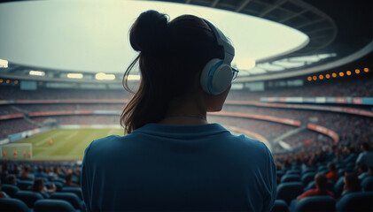 Obraz premium Young woman in blue T-shirt in stands during sporting events. Fan in stadium during match.