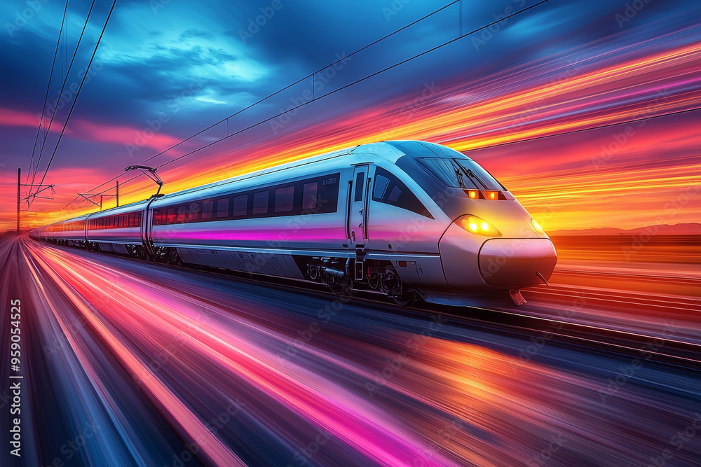 Wall mural a train speeding through a landscape, the motion captured as a streak of color across the scenery. c