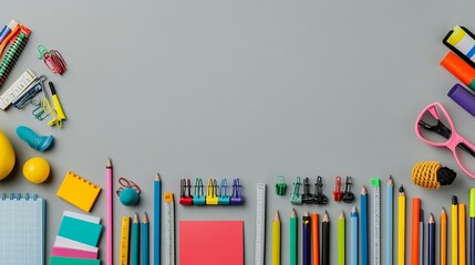 Assortment of school and office supplies arrange on a gray backdrop, symbolizing the start of the academic year. 