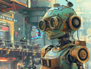A friendly robot with large eyes and a rusty exterior stands in a futuristic city.