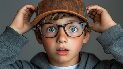 Young boy wearing glasses and a cap, captured with a surprised expression, wide-eyed and hands on his head, evoking curiosity and amazement.