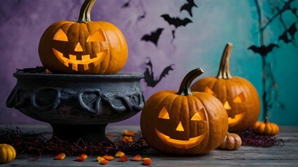 Fototapeta premium Happy Halloween! Spooky and eerie background with decorations, pumpkins.