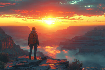 Fototapeta premium A person standing in awe at the edge of the Grand Canyon, overwhelmed by the natural beauty. Concept of wonder in nature and vastness.
