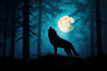 A majestic wolf howling under a full moon in a dark, mysterious forest, creating a sense of wild beauty and solitude.