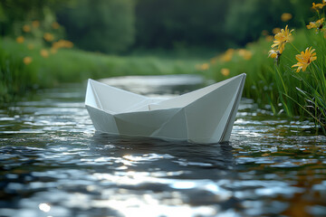Fototapeta premium A paper boat floating smoothly down a lazy stream. Concept of gentle navigation and water rhythms.
