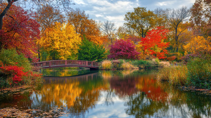 Fototapeta premium A park in autumn with a vibrant display of red, yellow, and orange leaves, a peaceful footbridge, and a calm pond reflecting the scenery.
