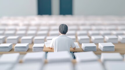 White model teacher at desk grading papers, side angle view, organized classroom, 3D illustration
