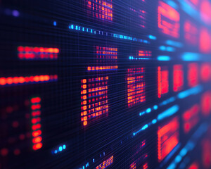 Fototapeta premium A vibrant digital display featuring red and blue pixelated patterns, symbolizing technology and data visualization.