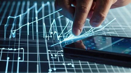 A close-up of a hand with a stylus interacting with a digital stock chart, representing market data analysis