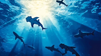 Obraz premium Silhouettes of sharks swimming in the deep blue water, illuminated by rays of sunlight. A striking background featuring a hammerhead shark gliding through the ocean.