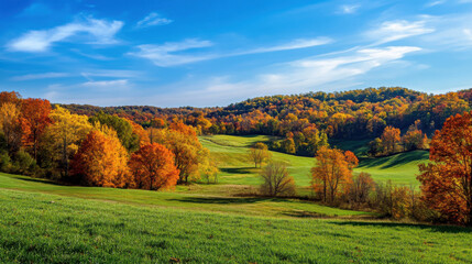 A scenic autumn landscape featuring rolling hills covered in vibrant fall foliage and a clear blue sky overhead.