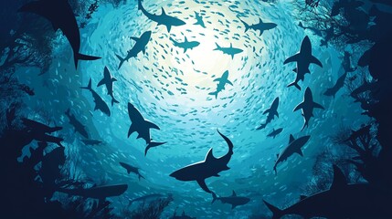 Fototapeta premium An underwater sea landscape from a bottom view, featuring sharks and shoals of fish. 