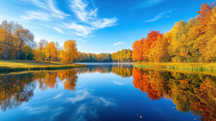 A beautiful autumn day with a calm lake reflecting colorful fall foliage, surrounded by trees in their peak autumn colors.